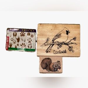 Vintage Animal-Themed Wooden Stamp Lot - Cardinal, Squirrel, and Animal Tracks